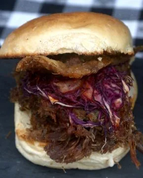 Pulled duck sandwich on a bun Foto stock