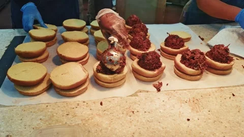 Pulled pork barbecue sandwiches at buc ees florida Stock Footage 315761232