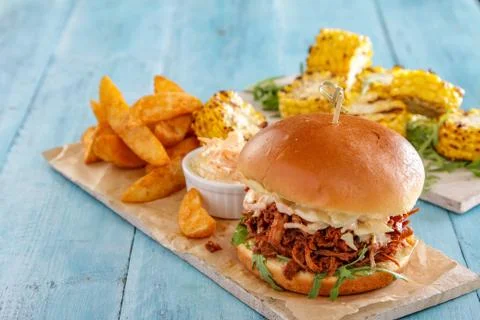 Pulled pork burger meal Stock Photos