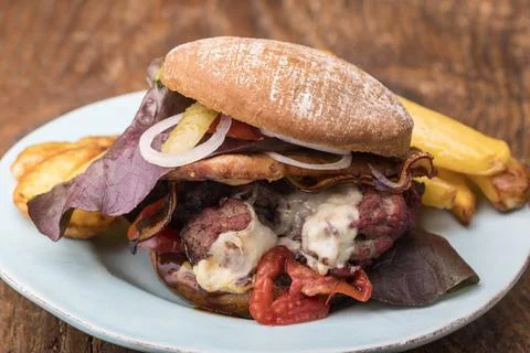 Pulled Pork Burger mit Pommes frites *** pulled Pork Burger with French fr... Stock Photos