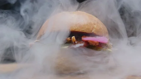 Pulled pork sandwich in a butter bun with pickles and bbq sauce covered Stock Footage 234257275