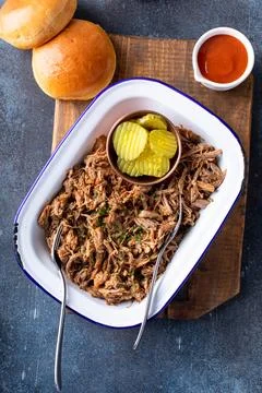 Pulled pork on a serving platter, ready to eat Stock Photos