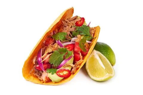 Pulled pork taco with lime on white background Stock Photos