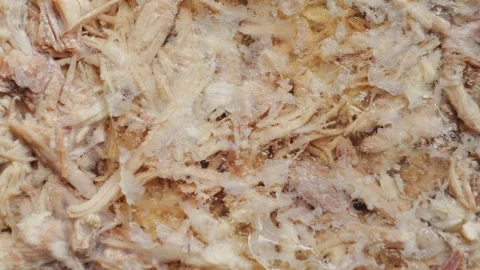 Pulled pork texture. Prepared homemade beef aspic on plate. Stock Footage 323294058