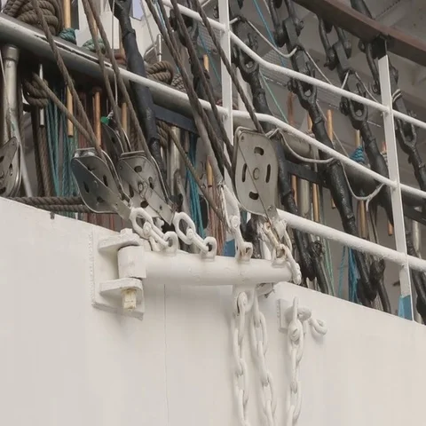 Pulley block. Detail of crane on passenger cruise tall ship sailing Stock Footage 69547853