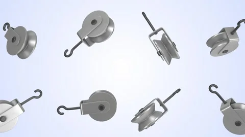 Pulley Blocks Falling on a Light Blue Background. Pulley Wheel with Hooks. 4K Stock Footage 306132349