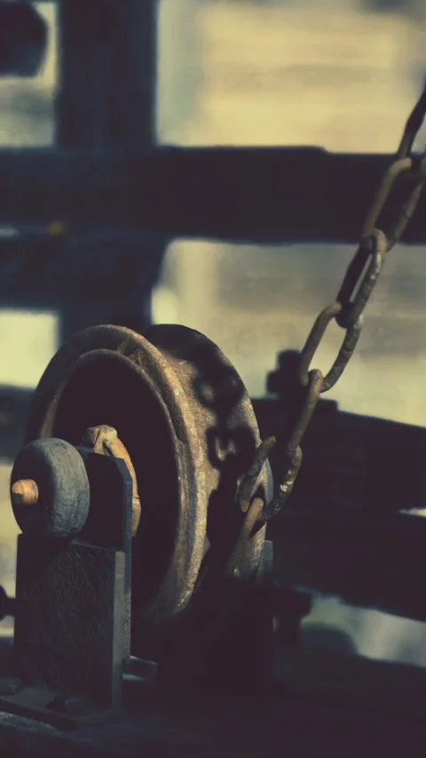 Pulleys and chains used in construction at an industrial site during daytime Stock Footage 337972053