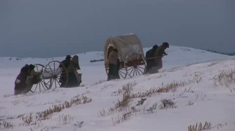 Pulling and pushing handcarts over winter prairie Video stock 11365598