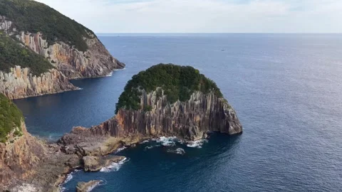Pulling Back Above Tategasaki Coast’s Rocky Headland, Japan Stock Footage 342239763