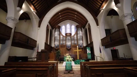 Pulling Back Center Aisle Of Beautiful Large Traditional Church Stock-Footage 147544769