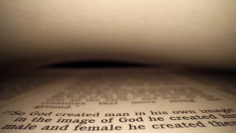 Pulling back through the first page of the Bible, blank page on top. Wide Stock Footage 129011390