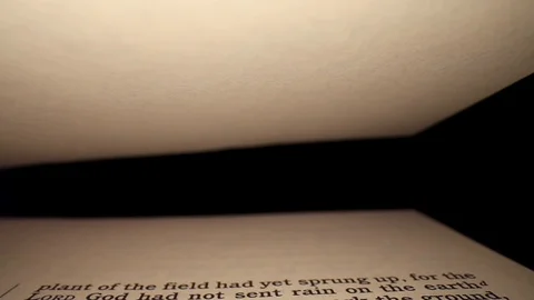 Pulling back through Genesis Chapter Two, blank page on top. Moving by the Stock Footage 129681770