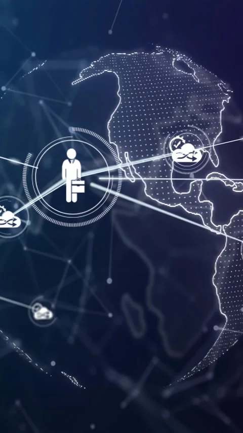 Pulling back white business icon with briefcase, pulsing rings linking nodes Stock Footage 331168727