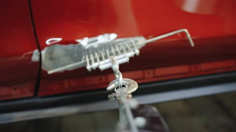 Pulling the body with a hydraulic press. Body work restoration of paintwork. Car Stock Footage 194558032