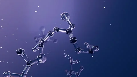 Pulling camera bringing glass molecule rotating in purple backdrop with Vidéo 344173924