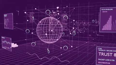 Pulling camera closer, wireframe globe emitting nodes and rings in magenta hub, Stock Footage 337505070