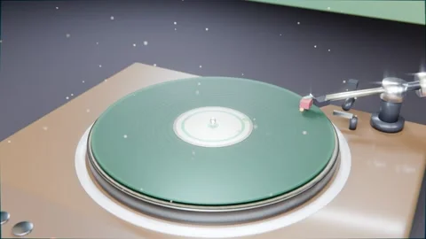 Pulling camera revealing green vinyl spinning on turntable in studio, tonearm Stock Footage 337885953