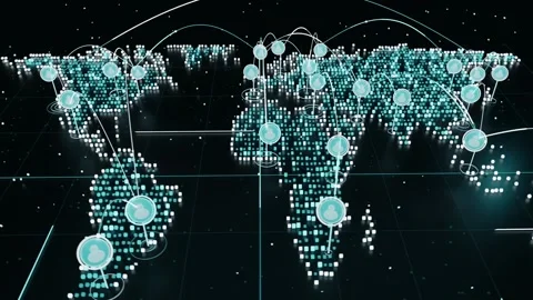 Pulling camera revealing pixel-map in data studio, showing global data flows via Stock Footage 337964634