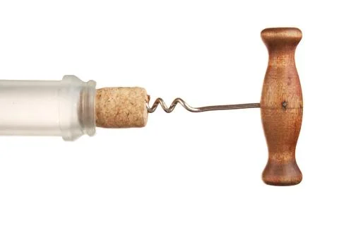Pulling corkscrew cork from the bottle Foto stock