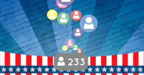 Pulling gray bubble showing user icon 233 toward center on patriotic parchment, Illustrazione stock