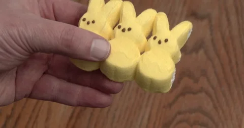 Pulling Marshmallow Peeps Candies Apart Stock Footage 103236665