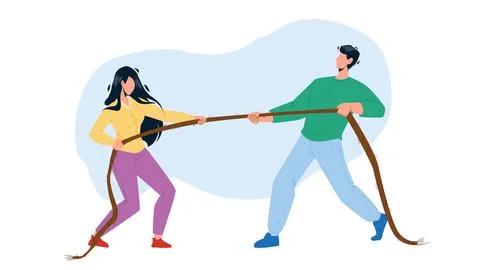 Pulling Rope Young Man And Woman Together Vector Stock Illustration
