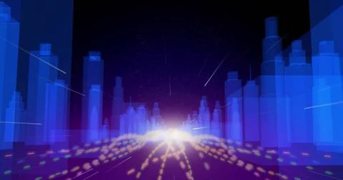 Pulling view, bright horizon light guiding dotted roadway through city corridor Stock Illustration