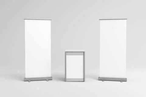Pullup banners with a shaped exhibition point of sale table, 3d render Stock Illustration