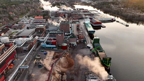 Pulp and paper complex mill releasing smoke on the river bank Stock Footage 297055154