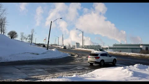 Pulp and Paper Mill Emitting Smoke in Winter Landscape Stock Footage 330196811