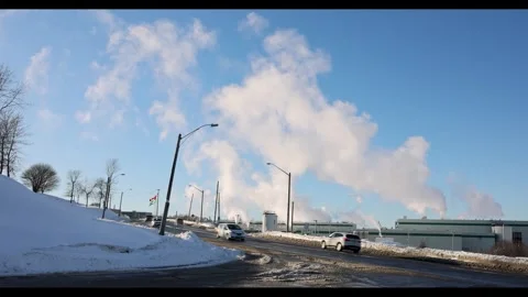 Pulp and Paper Mill Emitting Smoke in Winter Landscape Stock Footage 330196813