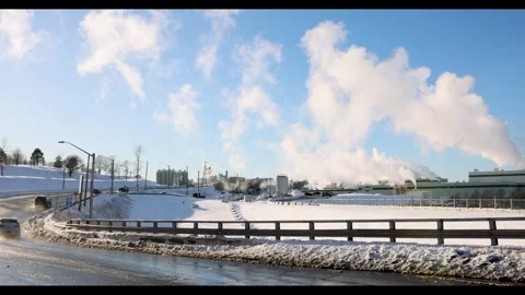 Pulp and Paper Mill Emitting Smoke in Winter Landscape Stock Footage 330196835