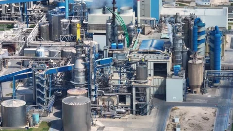 Pulp mill and biomass power plant aerial view Stock Footage 340311438