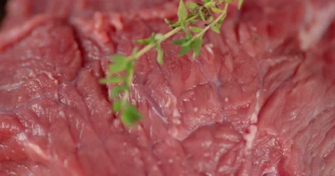 On the pulp of raw beef put a branch of thyme. Stock Footage 139150267