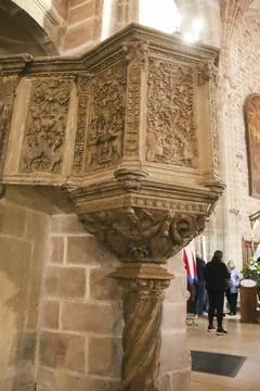 Pulpit in Plateresque style in the interior of St. Andrew's church in Villa.. Stock Photos