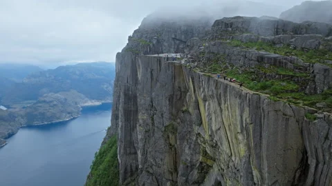 Pulpit Rock cliff edge overlooking Lysefjord Norway. Stock Footage 328131894