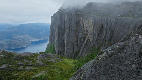 Pulpit Rock cliffs above Lysefjord Preikestolen Norway. Stock Footage 328131412