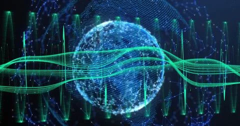 Pulsating blue globe casting green wave ribbons, vertical pulses and network Stock Photos