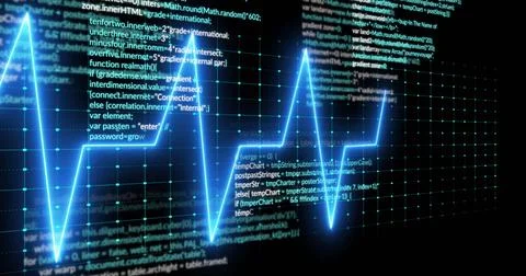 Pulsating bright cyan ECG waveform sweeping across virtual display, amid code Stock Photos