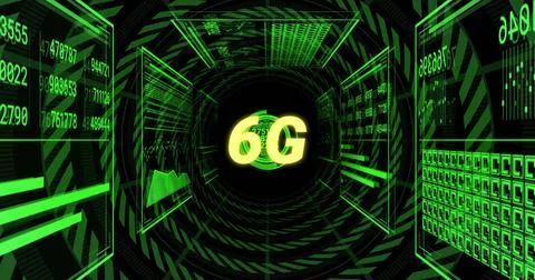 Pulsating central 6G label radiating neon green light in digital tunnel, with 스톡 일러스트
