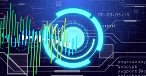 Pulsating cyan HUD hovering on software dashboard, showing multicolor bars and Stock Illustration