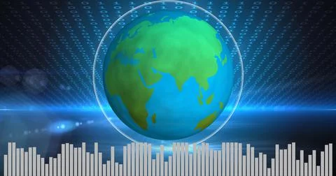 A pulsating Earth in the middle with binary codes on top, and bars visualisation Stock Photos