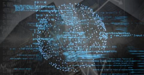Pulsating glowing data point cluster forming sphere in digital network, with Stockfoto's