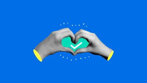 Pulsating green check mark inside frame from heart hands Stock Footage 331216537