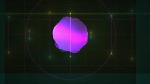 Pulsating Iridescent 3d Shape on Dark Grid Background with Glowing Elements Stock Footage 343749740