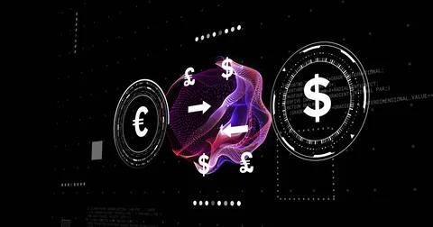 Pulsating mesh orb floating on digital finance interface, with orbiting currency Stock Photos