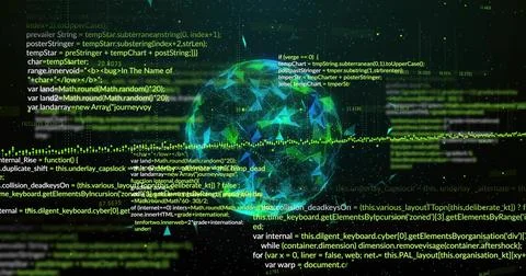 Pulsating mesh sphere glowing within virtual data-visualization space, with イラスト素材