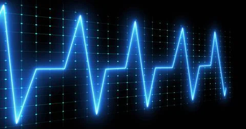 Pulsating neon blue zigzag waveform scrolling across black digital monitor, w Stock Photos