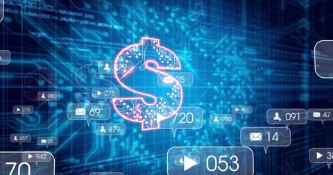 Pulsating neon dollar sign hovering over circuit-board interface, with UI icons Stock Illustration