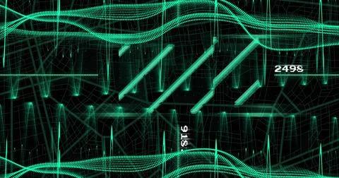 Pulsating neon-green wireframe grid sending dotted waveforms across virtual map, Illustrazione stock